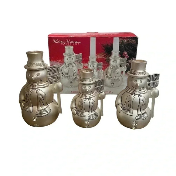 Godinger Holiday Collection Silver Plated Christmas Snowman Candle Holders Set - Picture 1 of 14